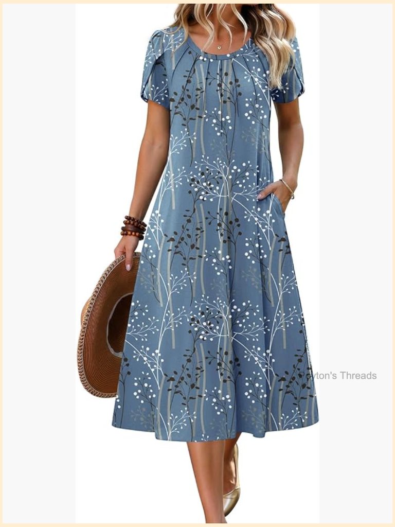Pet Sleeve Pleated Midi A-Line Flowy Dress With Pockets